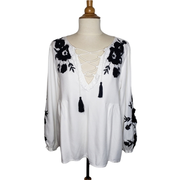 Zara Top M Contrast Embroidery Babydoll Boho Lace Front Bohemian Cottagecore - Picture 2 of 13
